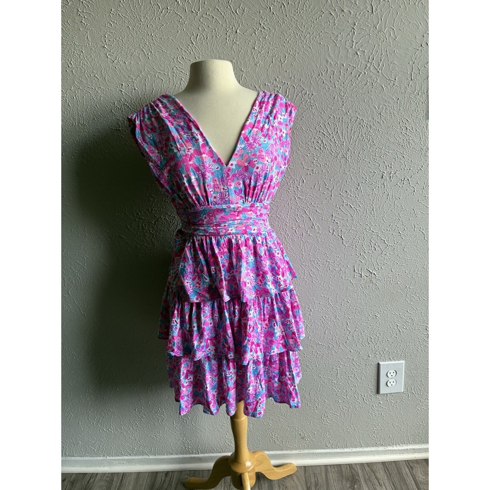 Lilly Pulitzer Floral Tiered Dress Pink Blue Open Back Women's  Sz M - Picture 15 of 16